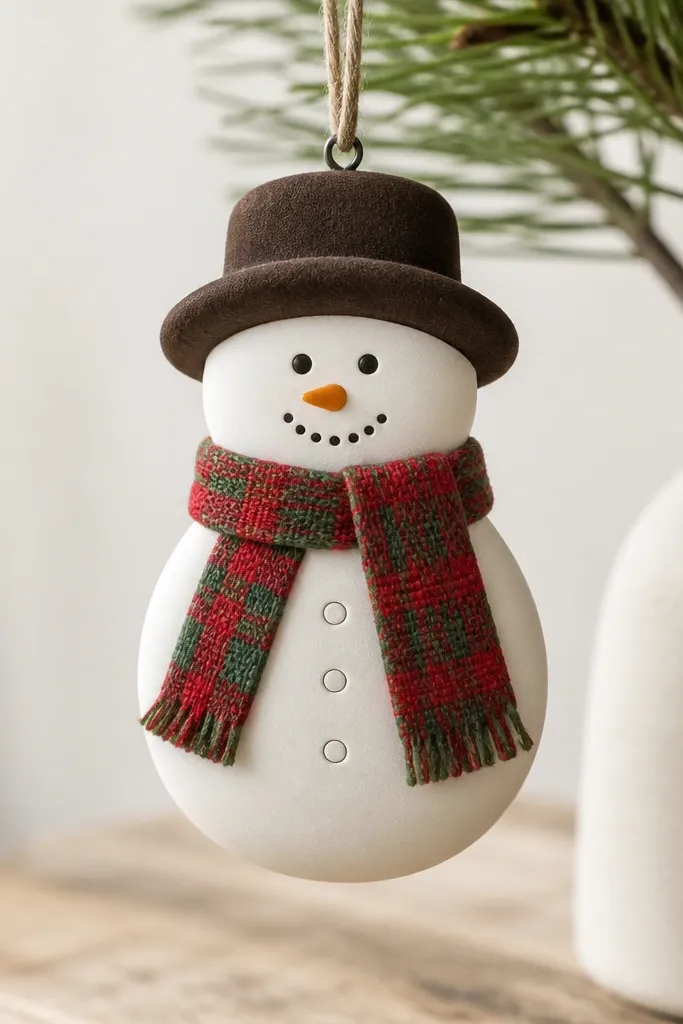 A snowman with a scarf that looks woven: red and green plaid bands and a fringe created by cutting small vertical slits at the scarf ends. The hat is dark brown, and the buttons are tiny white circles outlined in gray. The ornament has a matte finish with clean edges around the fringe.