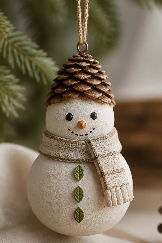 A snowman ornament where the hat is shaped like a pinecone top, with small ridges painted in warm brown. The eyes are dark dots, and the buttons are tiny green leaf shapes. The scarf is beige with a thin brown stripe, and the whole piece has a matte finish that keeps the texture visible.