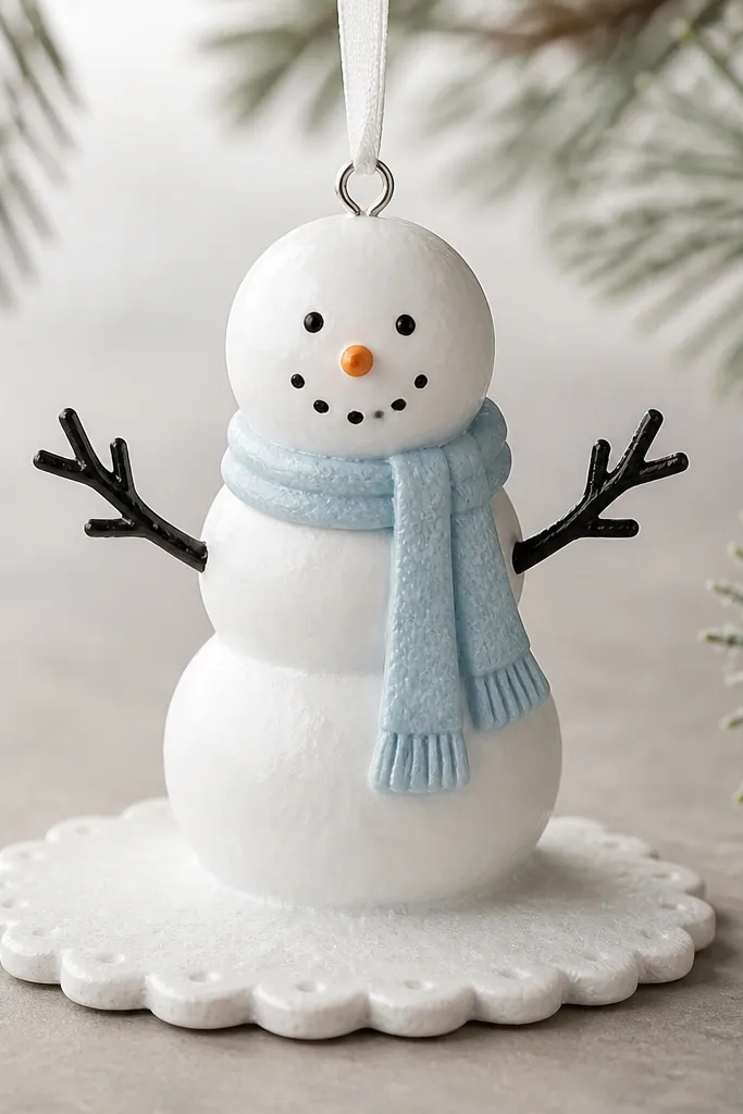 A snowman standing on a scalloped oval snowdrift. The base has wavy edges like a doily pattern, painted white with subtle gray shading. The snowman has a light blue scarf and black stick-like arms. The ornament hangs from a loop placed near the top of the head.