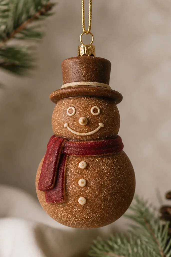A snowman ornament painted in warm brown and cream like gingerbread. The scarf is dark red, and the face has a cream outline around the eyes and mouth. Brown speckles cover the body like sugar dust. The buttons are small cream circles. The finish is matte with a slightly textured look from the speckling.