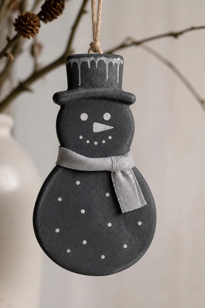 A dark charcoal snowman ornament with a chalkboard look. The scarf is a tiny strip of muted white-gray. The face is drawn in white with a slightly uneven hand, and the belly has small white dots. A few white paint drips hang from the hat brim area. The finish is matte.