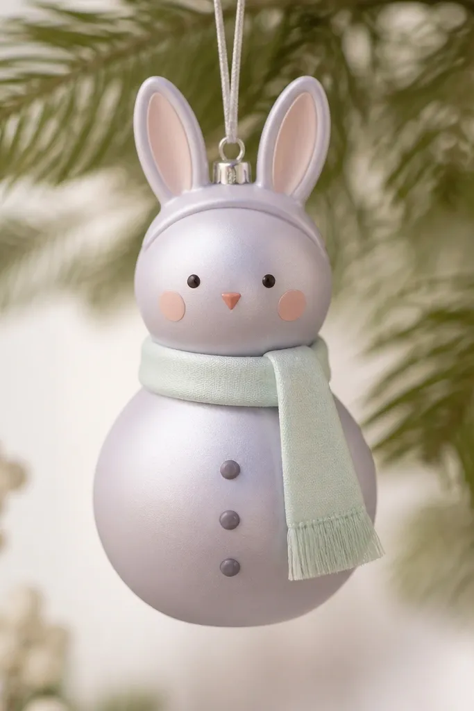 A snowman ornament with small bunny ears sticking up from the top like a headband. The body is pale lavender-gray, the cheeks are soft peach circles, and the scarf is light mint. The hat is replaced by the ears, and the nose is a tiny pinkish orange triangle. The finish is satin for gentle glow.