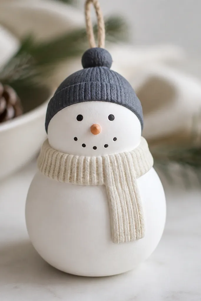 A snowman ornament with a scarf painted to look like knit ribbing. The scarf is cream with light gray rib lines, and the body is bright white. The hat is charcoal with a simple pom-pom dot at the top. The overall finish is matte and the scarf texture looks raised even though it's painted.