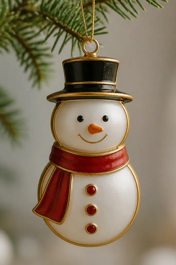 A snowman ornament outlined with thin gold paint. The face has a clean gold-rimmed border, red buttons on the belly, and a red scarf. The hat is black with a small gold band. The finish is satin clear so the gold has a gentle glow.
