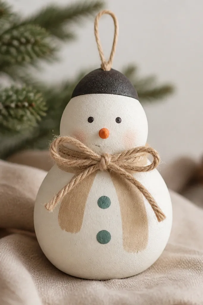 A snowman ornament with a small real twine bow tied under the chin area. The scarf is painted beige, and the twine bow sits on top of it. Buttons are painted in muted teal, and the face is simple with dark eyes. The hat is a small dark cap. The finish is matte, and the twine looks slightly rough and natural.