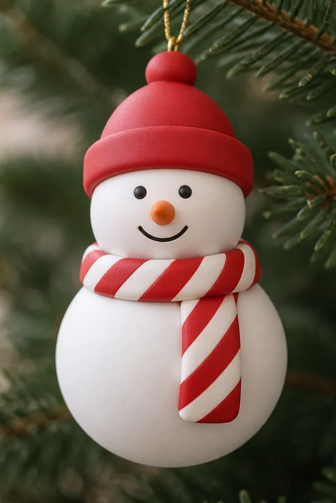A snowman ornament with a scarf painted like a candy cane: red and white diagonal stripes. The face is minimal with black dot eyes and a curved smile. The nose is orange-brown, and the hat is red. The overall look is clean and symmetrical, with a matte finish that keeps the stripes crisp.