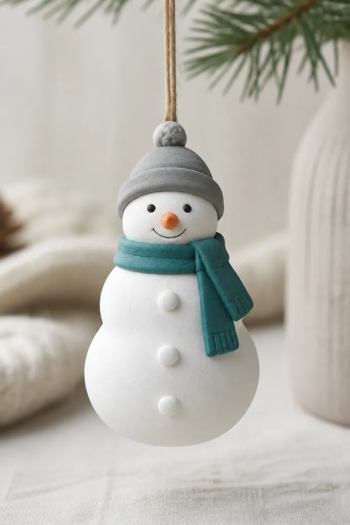 A snowman ornament where the belly buttons are raised like tiny knobs made from extra dough. The snowman body is white with a light gray shadow wash under the buttons. The scarf is teal, and the hat is gray with a small pom-pom. The finish is matte and the raised buttons cast tiny shadows.