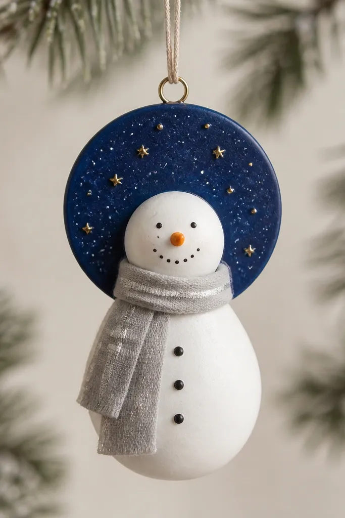 A snowman ornament where the head area sits in front of a small circular disk painted deep navy. The disk has gold star dots and tiny white specks like a night sky. The snowman body is white, and the scarf is light gray with a thin silver stripe. The ornament hangs from a loop at the top of the navy disk.