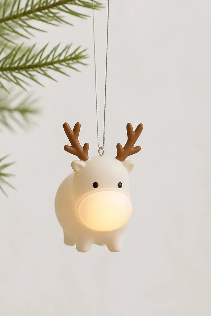 A small reindeer ornament with a pale cream body, a glowing warm white muzzle area, brown antlers, and simple black dot eyes; it hangs on a thin silver string against a light background.