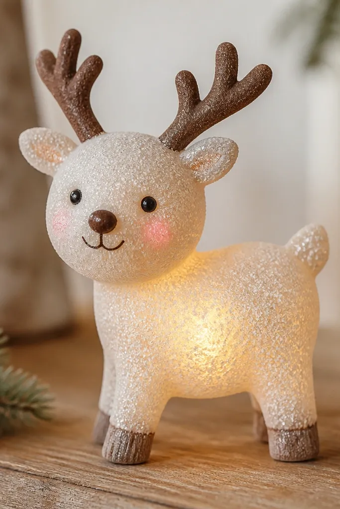 A reindeer ornament with white speckled "snow" texture, tiny warm LED glow behind the belly, brown antlers, and a light pink blush on the cheeks; it's photographed close-up on a wooden table.