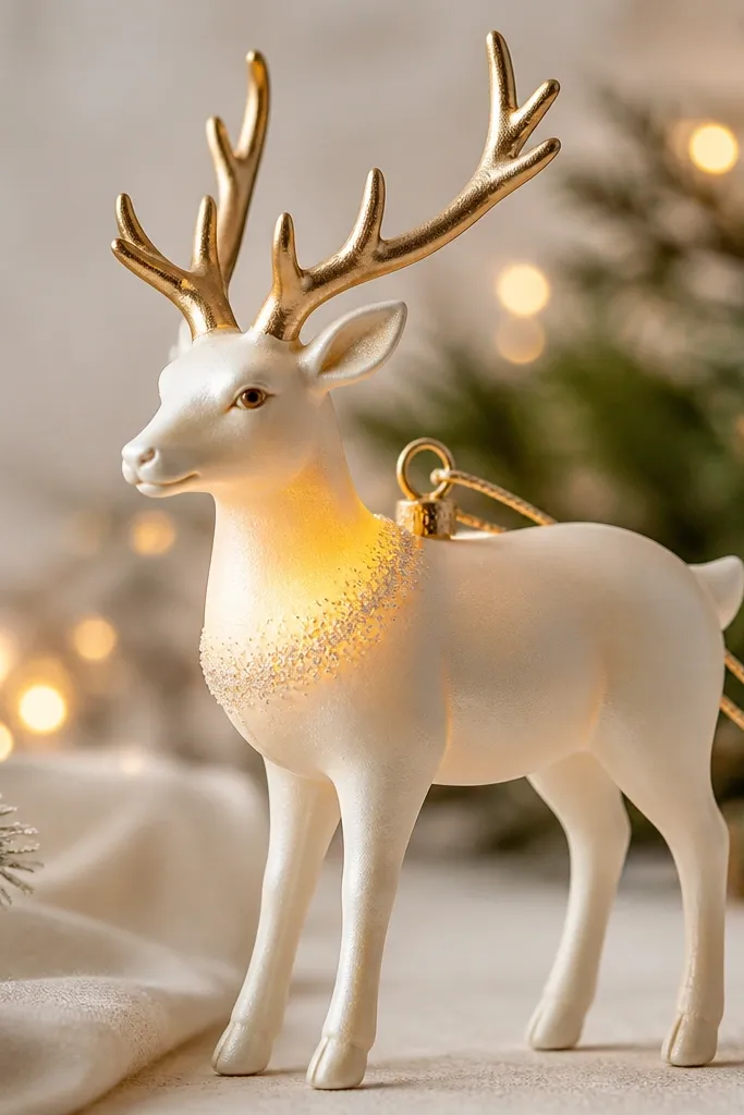 A cream reindeer with bright gold antlers, a soft warm glow around the neck area, and a thin ring of fine glitter just above the chest; the photo shows the ornament lit.