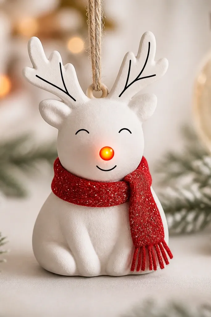 A reindeer ornament painted white with a red scarf wrapped around its neck, warm LED glow concentrated at the nose, and black outline details on the face.