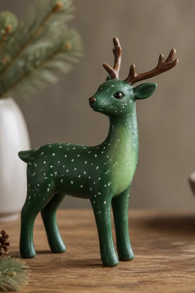 A pine-green painted reindeer with lighter green belly glow, small brown antlers, and tiny white dots on the body like snow.