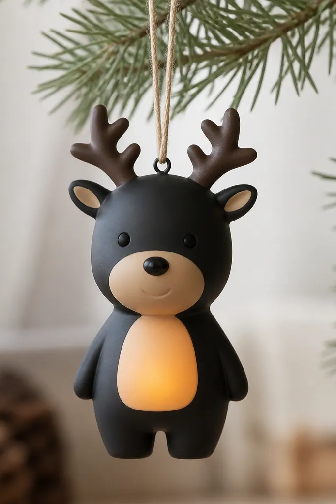 A reindeer ornament painted matte black with tan muzzle and belly, warm LED glow faintly lighting the tan belly; antlers are dark brown.