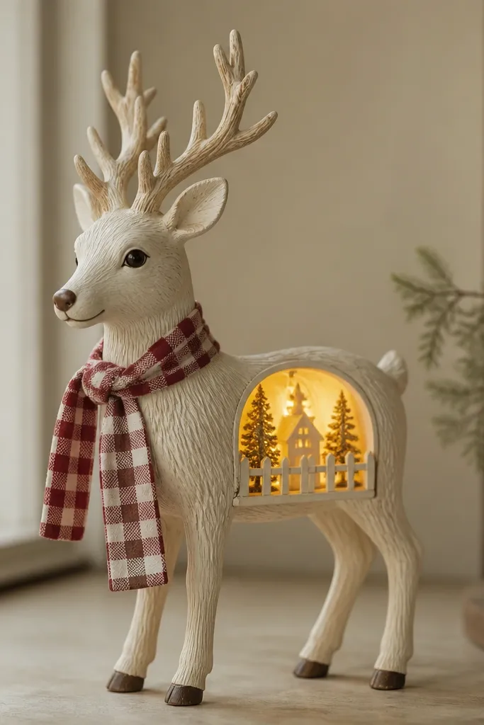 A cream reindeer with a red-and-white checked scarf, warm LED glow shining through a small open window cut on the back near the belly; the front looks crisp.
