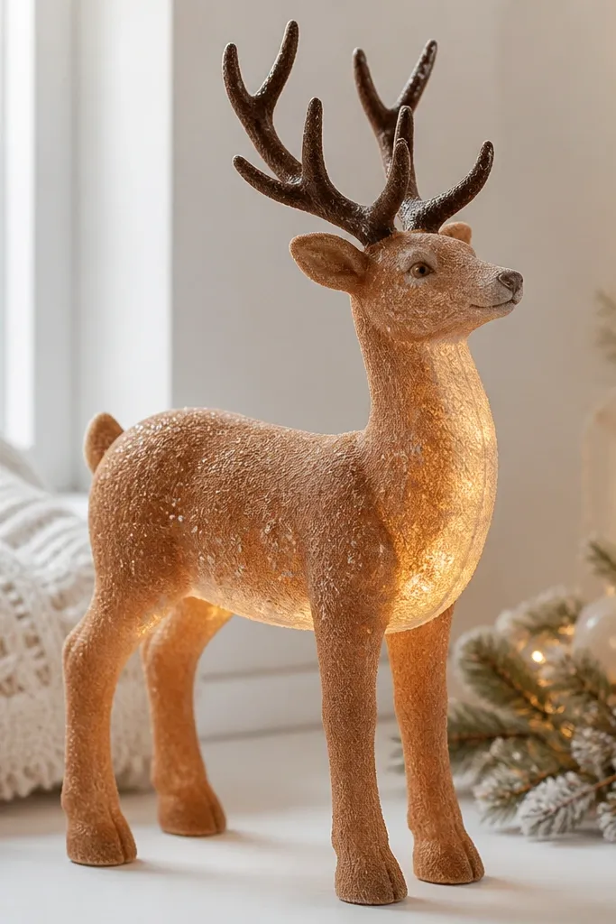 A warm mocha-brown reindeer with a lighter belly glow, antlers painted dark brown, and a soft dusting effect on the body; LEDs glow from the belly.