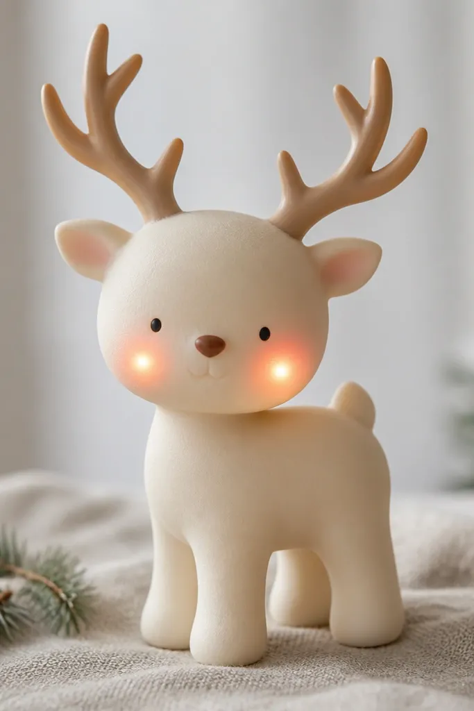 A pale cream reindeer with soft rose-pink blush on cheeks and a warm LED glow at the cheeks; antlers are light brown and eyes are tiny black dots.