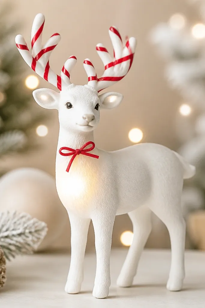 A white reindeer ornament with red-striped antlers like candy canes, a warm glow behind the chest, and a small red bow at the neck.