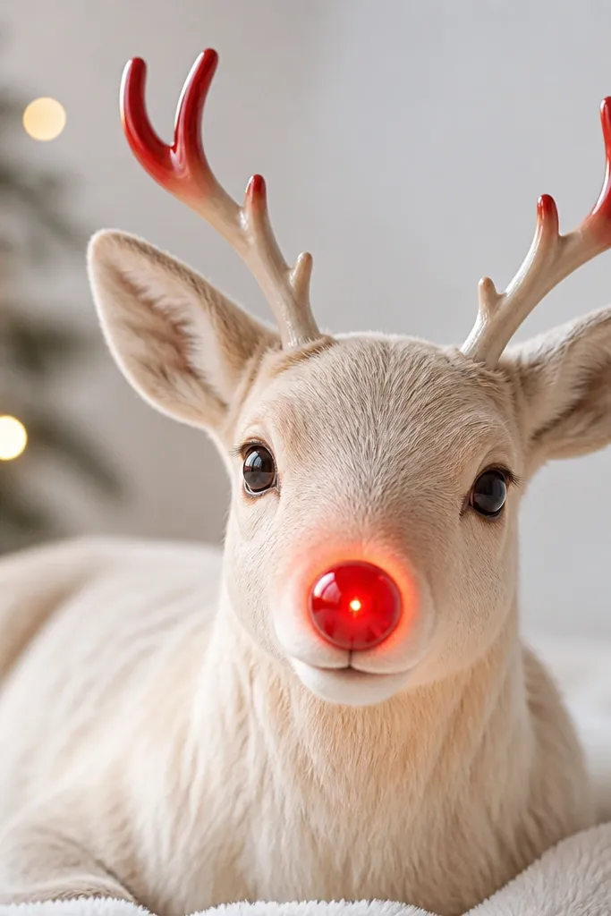 A cream reindeer with a shiny red nose that glows warm, glossy red antler tips, and faint warm light spreading from the nose area.