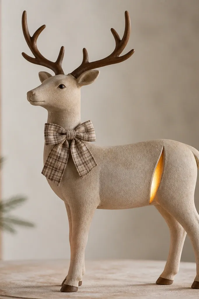 A reindeer with a tan body, a small plaid bow on the neck, and a warm glow that shows from the side through a back slit opening; antlers are brown.