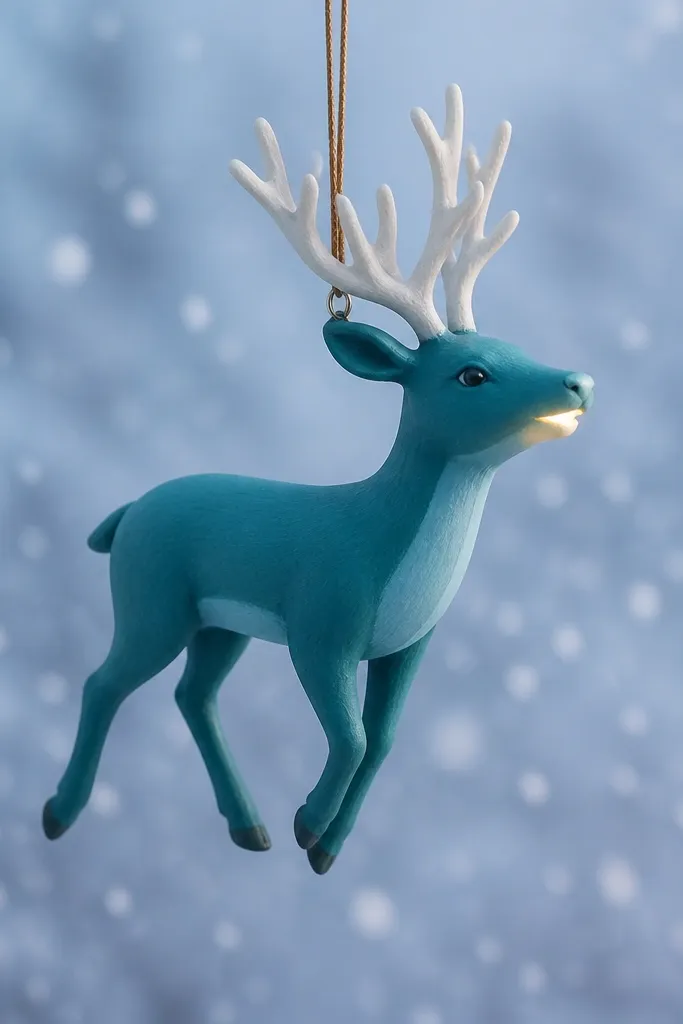 A teal painted reindeer with a lighter teal belly, a warm white glow at the mouth/lip area, and pale antlers; it hangs against a snowy blue background.