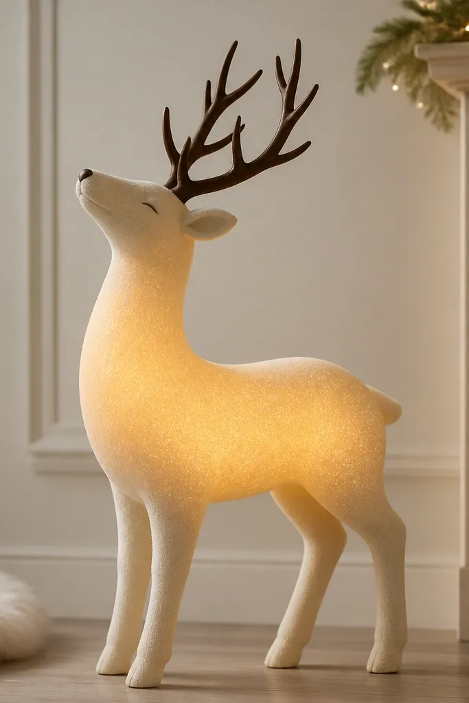 A cream reindeer with an ombre belly that fades from light cream to warm beige, warm LED glow inside the belly, and brown antlers.