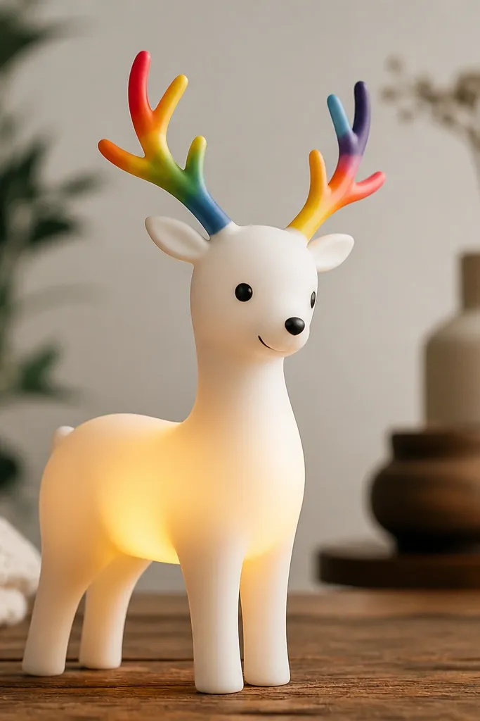 A white reindeer with warm LED glow at the belly, antlers painted with small rainbow segments, and a simple face with black eyes.