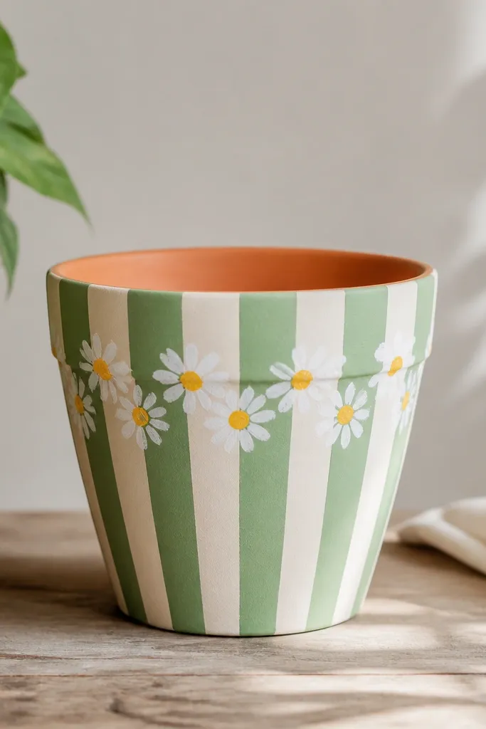 A terracotta pot painted in alternating mint green and white vertical stripes, with small white daisy petals and yellow centers stacked around the upper third; the daisies look hand-stamped and slightly different in size.