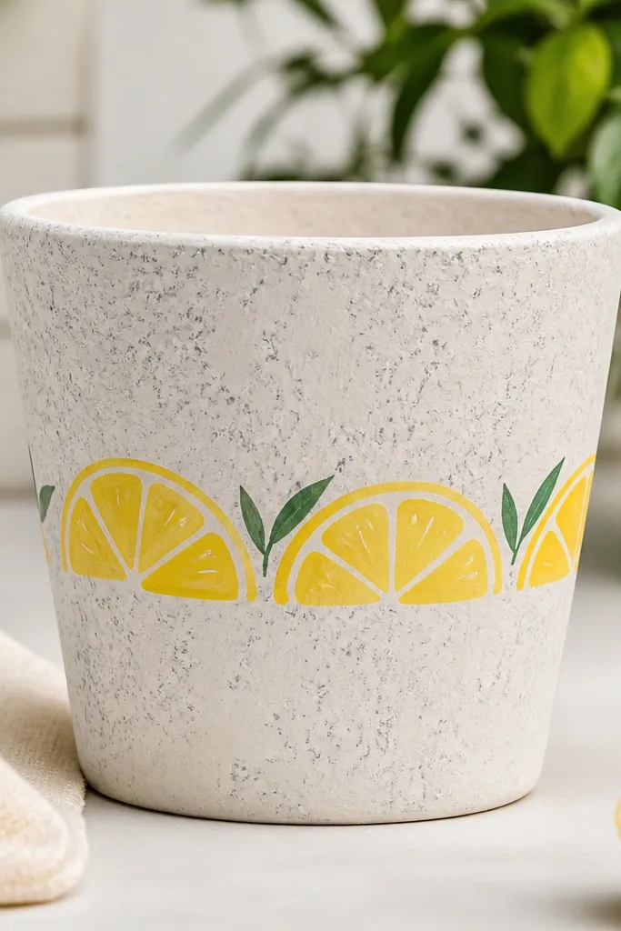 A light beige pot with a faux galvanized texture made from speckled gray paint, topped with bright yellow lemon half-slices painted around the middle; the lemons have white pith lines and tiny green leaf marks.