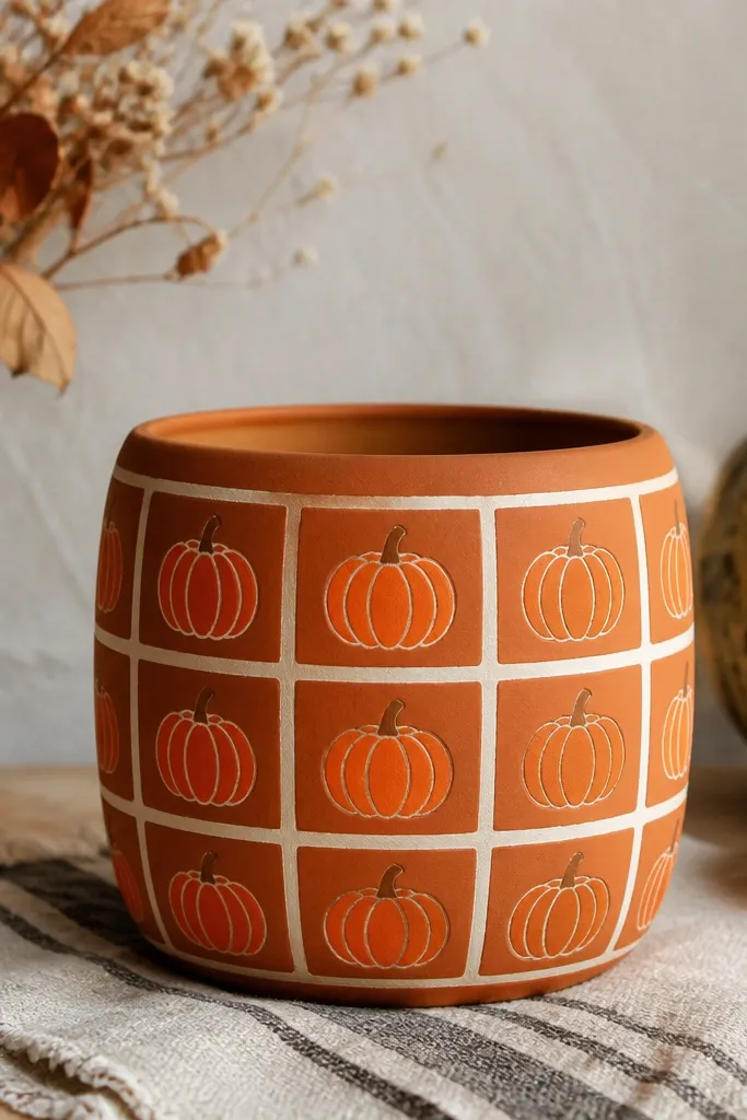 A squat pot painted in deep orange with a white grid pattern; each grid square has a simple pumpkin with curved ribs and a small brown stem, spaced evenly like a patch.