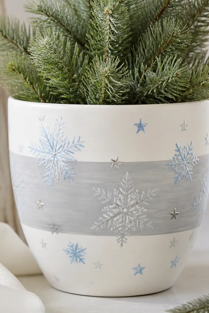 A white pot with a pale gray horizontal band across the middle; inside and around the band are hand-painted snowflakes and small five-point stars in light blue and silver paint.