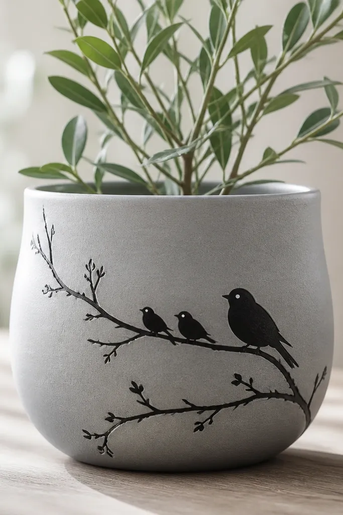 A light gray pot with a black branch silhouette running diagonally across the front; three small bird silhouettes sit on the branch, one bigger than the other two, with tiny white dot highlights.