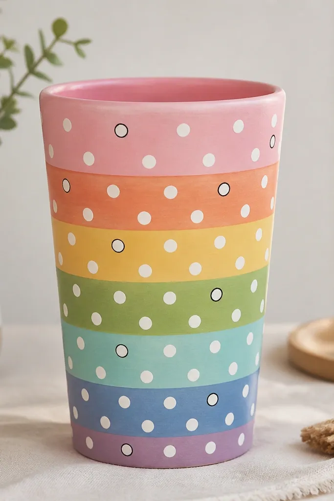 A tall pot painted in soft pink, with horizontal bands of rainbow colors; each band has evenly spaced white polka dots, and there are tiny black outlines around a few dots.