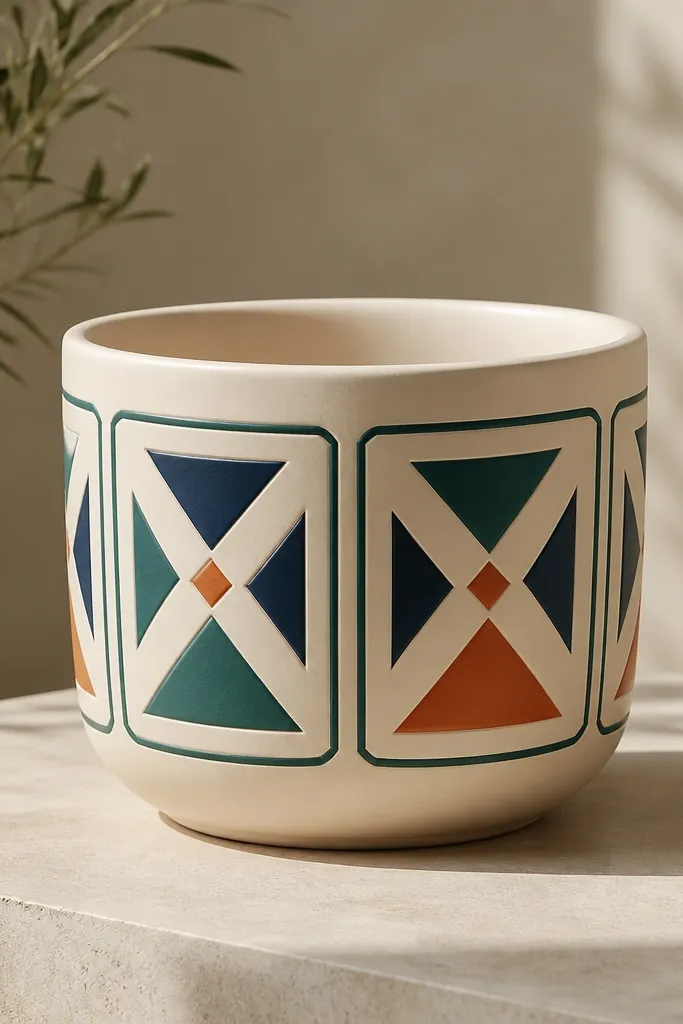 A cream pot with four corner panels outlined in dark teal; inside each panel are triangles and small diamond shapes in teal, navy, and terracotta orange.