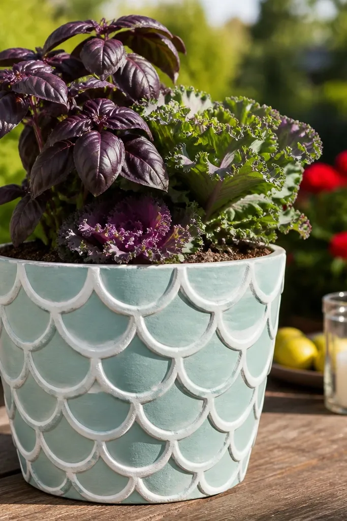A seafoam green pot with overlapping scale shapes painted in white and pale aqua; the scales curve around the pot, creating a fish-scale pattern, with a few turquoise dots near the top.