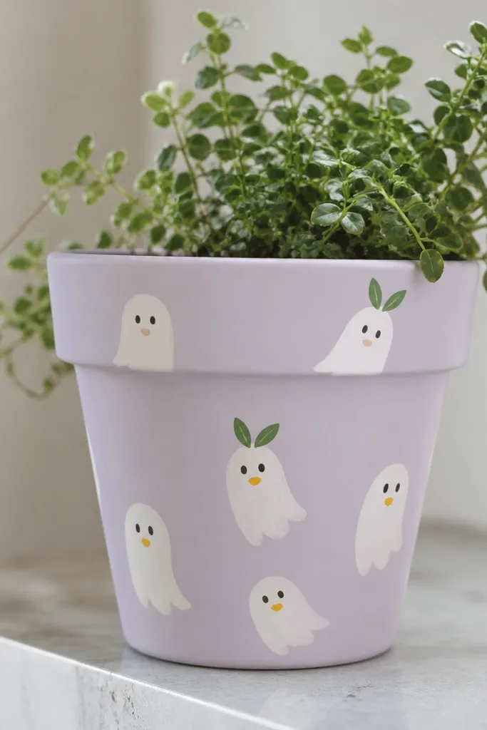 A pale lavender pot with simple white ghost shapes; each ghost has two black dot eyes and a small orange or yellow mouth, with a few ghosts wearing tiny green leaves as hair.