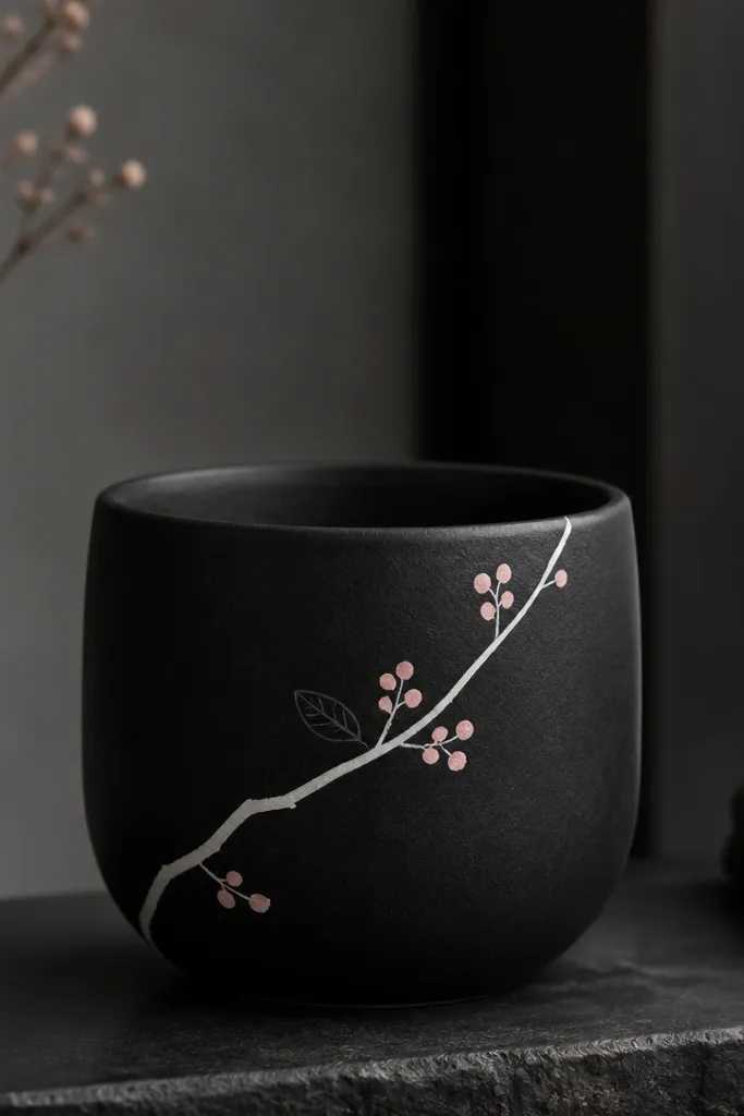 A black pot with a thin white branch painted diagonally; small bud dots in pale pink sit near the branch, with two tiny leaf outlines in dark gray.
