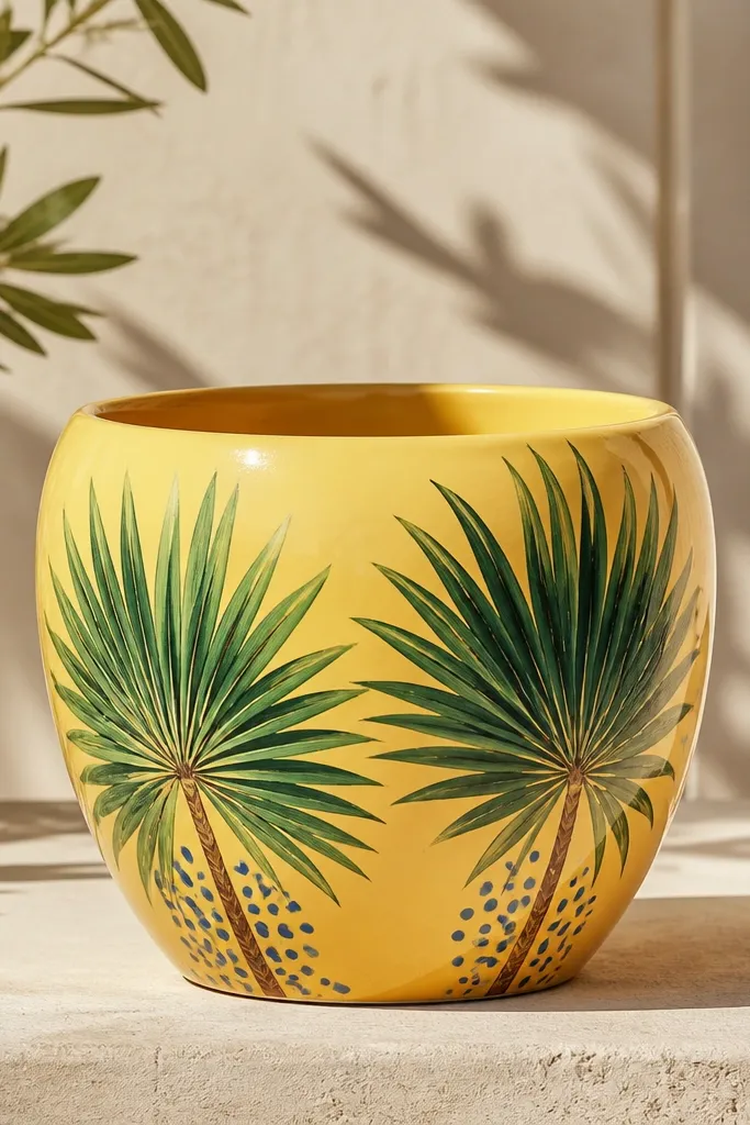 A sunny yellow pot with two large palm frond fans painted in green shades; the fronds have lighter highlights and a brown trunk line, with small blue dots near the base.