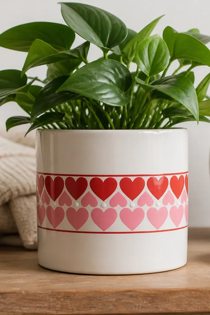A white pot with a red band around the middle; within the band are stacked hearts in red and pink, with tiny white dots between hearts.