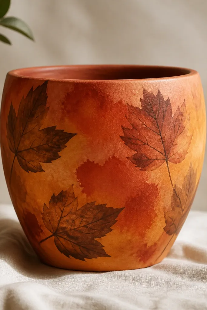 A terracotta pot painted with a loose watercolor-style wash in mustard, rust, and burnt orange; leaf silhouettes appear in darker brown with faint veins, scattered around the sides.