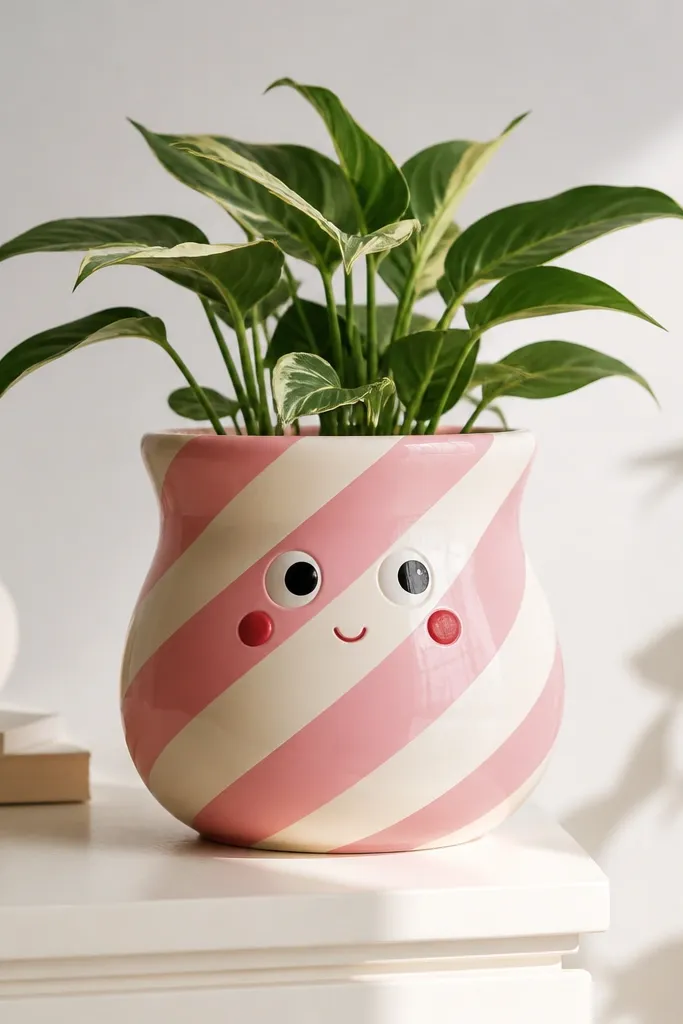 A pot with alternating candy pink and cream diagonal stripes; two big friendly eyes and a small smile are painted near the top, with tiny cheek circles in strawberry red.