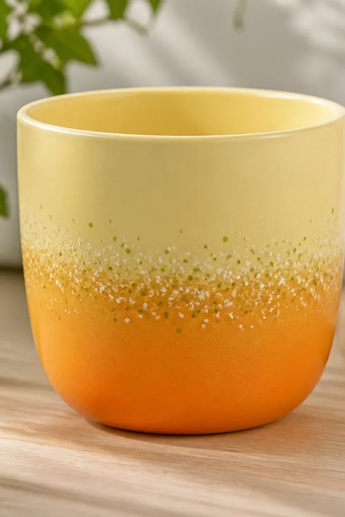 A pot with an ombre gradient from pale yellow at the top to deeper orange at the bottom; tiny zest dots in white and light green cluster around the gradient line.