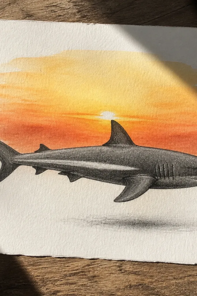 Side view shark silhouette with orange and yellow sunset gradient background