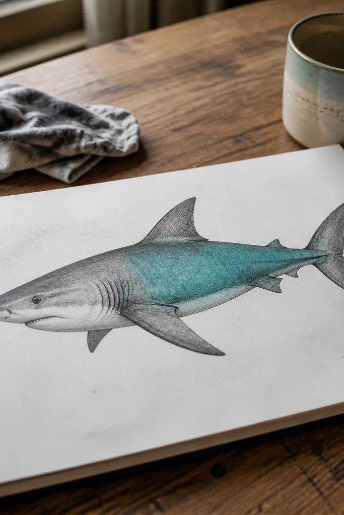 Shaded shark sketch in graphite with a single blue color wash on the body