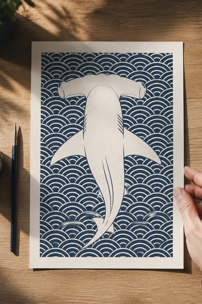 Hammerhead shark head with repeating wave pattern background in blue and off-white