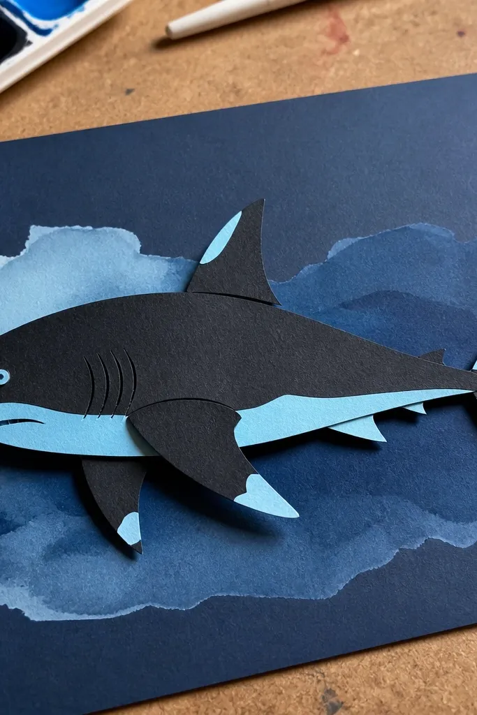Layered paper shark cutouts with white highlights and a simple blue paper background