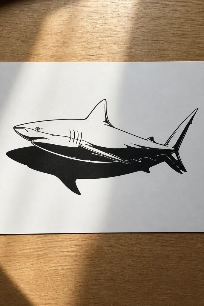 Minimal line-drawn shark with one bold dark shadow shape beneath