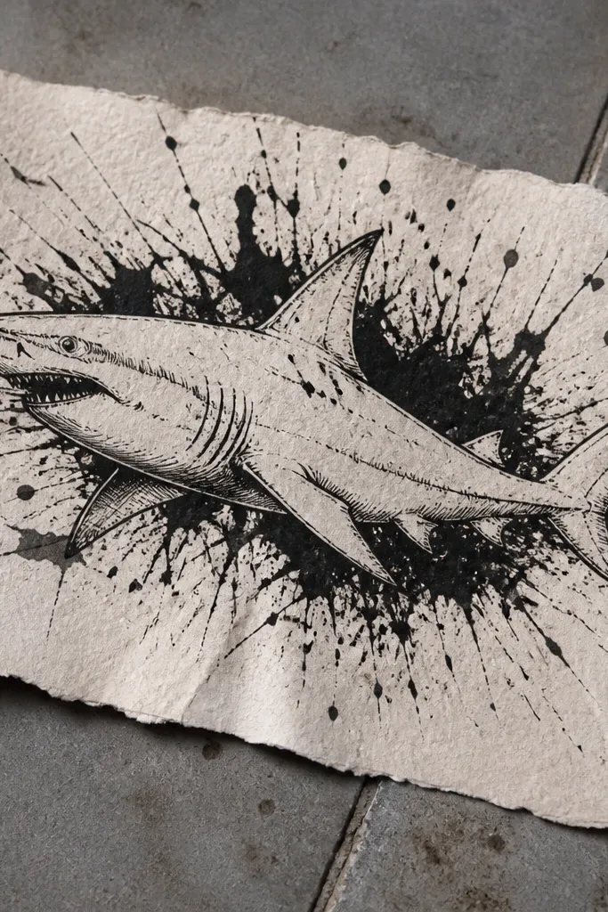 Shark ink drawing with ink splash texture behind it and splatter highlights