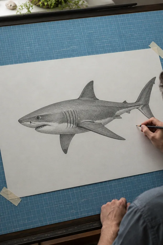 Shark drawing over a blue grid background with light wave lines