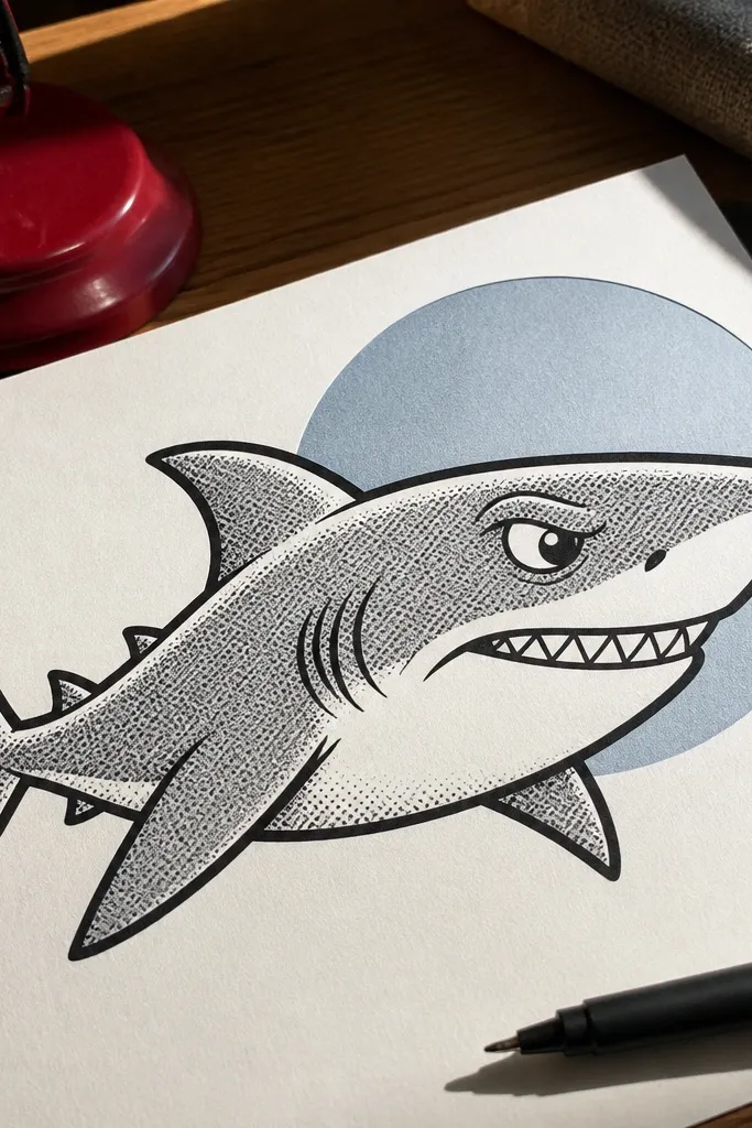 Retro style shark with halftone dots and bold comic outline